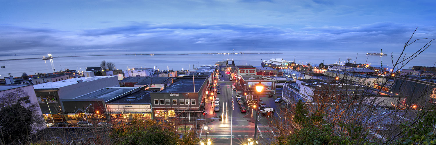 downtown Port Angeles, WA at dusk